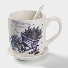 Ceramic mug with a spoon on the Lavender stand, 330 ml, Mix drawing