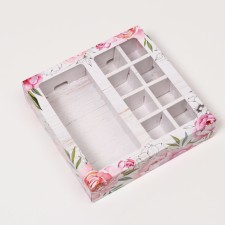 Box for 8 sweets + chocolate, with a window, peonies, 17.7 x 17.85 x 3.85 cm