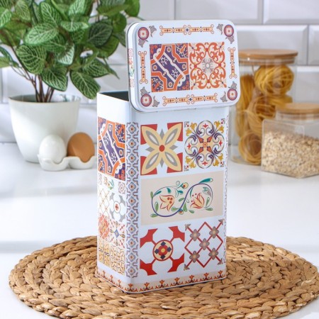 Bank with a lid for bulk products from tin "Italian decor", 2.7 l, d = 9.5 cm, h = 21.5 cm, drawing mix-3