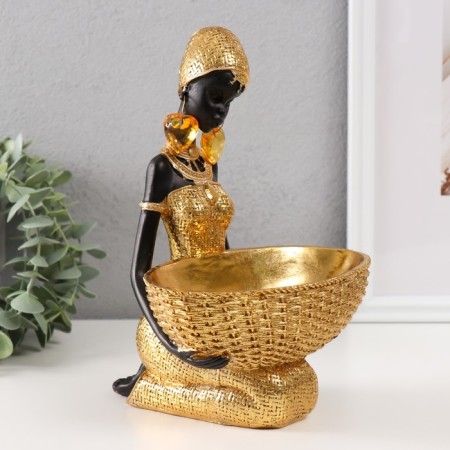 Souvenir Polystone stand "African sits, with a wicker basket" Gold 16x16x23 cm-1