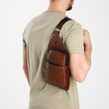 Male sling bag made of artificial leather, brown color-6