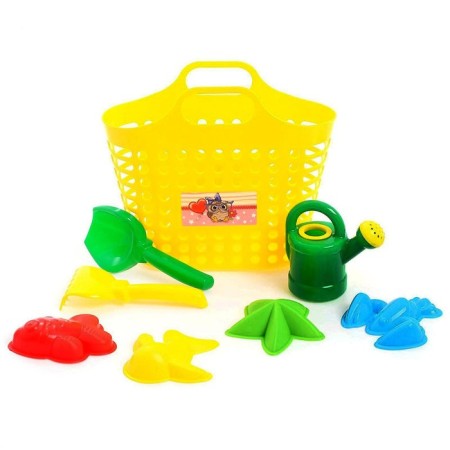Sanding set of 8 items: Korzin bag, watering can 0.5 l, scoop L16cm. rake, molds 4 pcs.-1