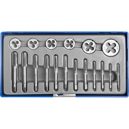 A set of taps and dies Zubble 28120-H18, steel 9xS, in plastic boxing, 18 objects