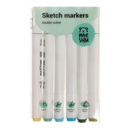 Meshu bilateral markers for sketching, 6 colors (sea colors)