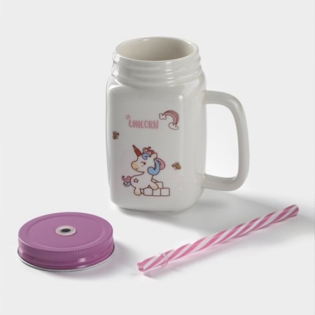 Ceramic mug with a metal lid and a unicorn tube, 450 ml, color mix-3
