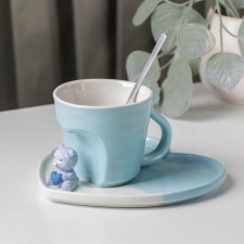Coffee pair of ceramic “Heart Bear”, 3 objects: mug 200 ml, saucer 15.5 × 15 × 8 cm, spoon, blue color