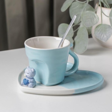 Coffee pair of ceramic “Heart Bear”, 3 objects: mug 200 ml, saucer 15.5 × 15 × 8 cm, spoon, blue color
