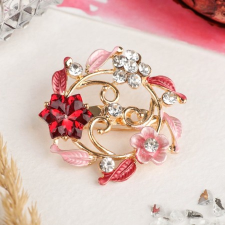 Brooch "Flower frame" circle, red color in gold-1