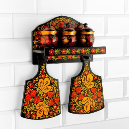 Semi -Strawberry set, 6 items: 2 boards, 3 banks, stand, Khokhloma-1
