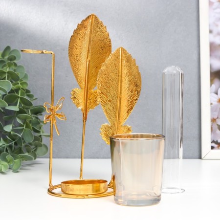 Summary Metal, glass for 1 candle with a vase "Golden feathers" D-5 cm, 7.5x14x19.6 cm-5