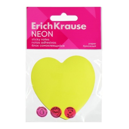 Block with a sticky edge paper 70x70mm, Erichkrause "Heart Neon", 50 sheets, yellow-2