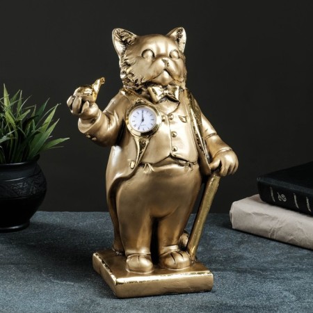 Figure "Cat in a tailcoat with a pipe" with a clock 32x20x14cm, bronze with gilding