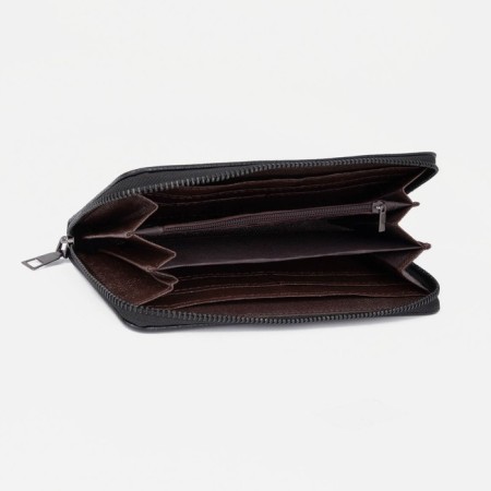 Male purse with zipper, department for bills, for maps, for coins, black color-2
