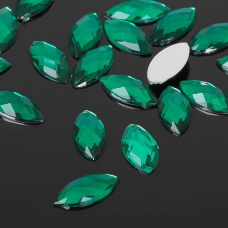 Rhinestones flat glue ellips, 7 × 15 mm, (set of 20 pcs.), Emerald color