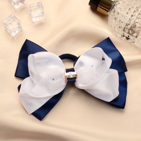 Hair elastic band "Schoolgirl" bow buckle and lace, 12 cm, white and blue