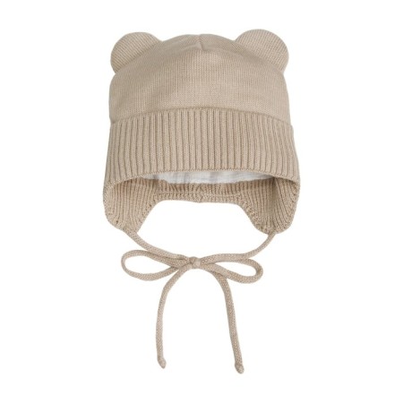 A cap on ties with ears children's Amarobaby Pure Love Bear, with a lining, size 46-48 cm, sand
