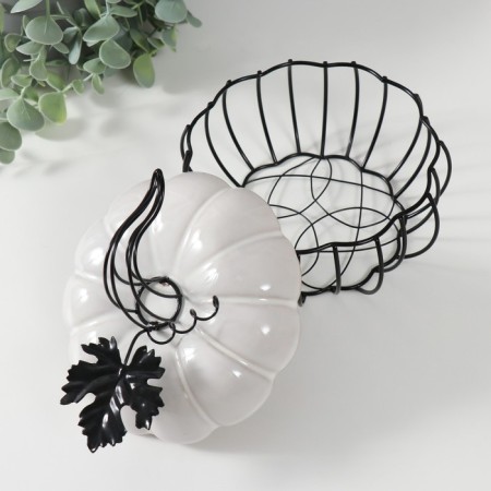Casket Metal, ceramics "Pumpkin with a leaf" White with black 14x14x13 cm-5