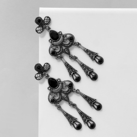Hanging earrings with “vintage” rhinestones in patterns, black color in black silver, 7.5 cm-1