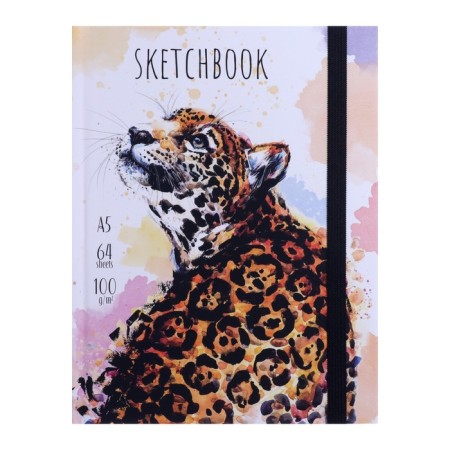 A5 sketchbook, 64 Leopard sheets, hard cover, Soft-Touch lamination, elastic band, tinted block 100 g/m2
