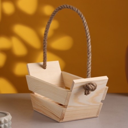 Kashpo wooden, "boat" 270*110*110. Handle- rope 8mm.-1