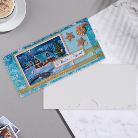 Money envelope "Happy New Year!" Wooden huts, handmade