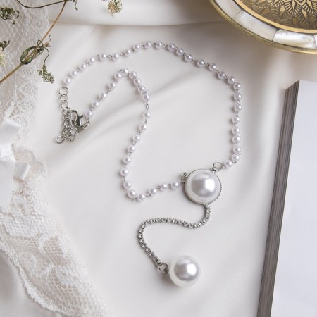 Pearls with pearls “chain” Olympia, two beads with a chain, white color in silver, 32 cm-2