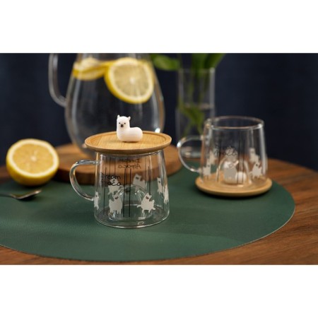 Glass mug with a wooden lid "Lama", 300 ml, Mix drawing-7