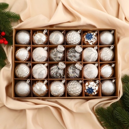 Set of balls plastic D-6 cm, 24 pcs "Melody" Assorted Lux, White Silver