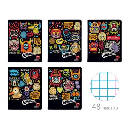 Notebook A5 (165 x 203 mm), 48 sheets in a cage on a clip of Crazy Monsters, covered cardboard, matte lamination, block 60 g/m2, mix