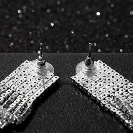 Hanging earrings with rhinestones "Waterfall" on a rectangle, white color in silver, 12cm-2