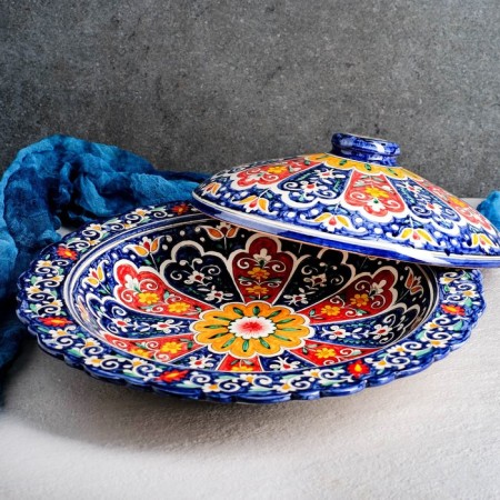 The pancake of Rishtan ceramics "Flowers", 37 cm, blue-1