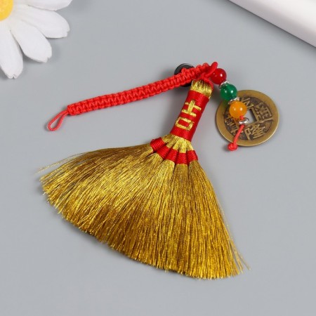 Textile suspension, metal "Golden broom with a coin. Hieroglyph - happiness" 14.5 cm-1