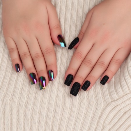 Falbled nails "Night", 12 pcs, with sparkles and holography, with adhesive plates, a soft square, black form-5