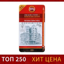 A set of pencils of black-dimensions of 12 pieces of Koh-I-Noor 1580, 6V-6N, in a metal pencil case