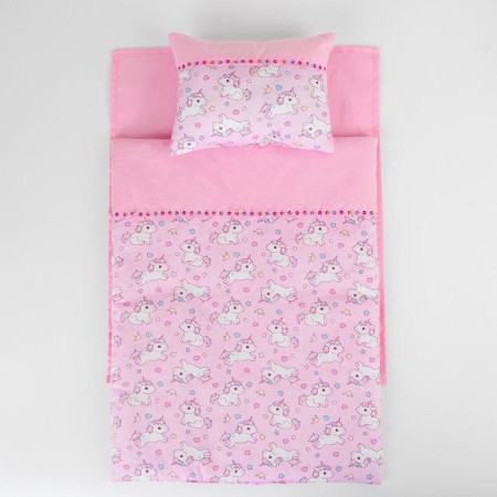 Bed linen for dolls "Unicorn on Pink", sheet, blanket, pillow-2