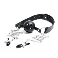 Gags of bdsm oka-hp, gags with slopes for the nipples, leather, metal, black
