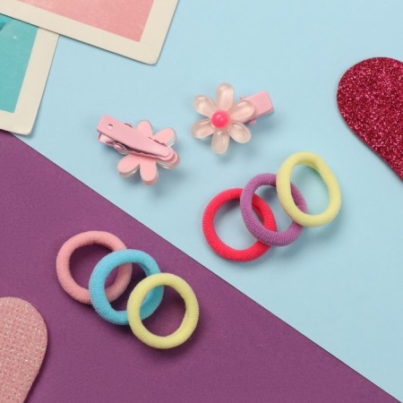 Caramel hair set (10 elastic bands 1.5 cm, 2 clamps 2.5 cm) chamomile, pink-2