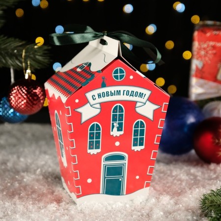 Gift box "Festive house" red with a bow, 14 x 14 x 21.3 - 9.6 x 9.6 x 22 cm
