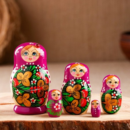 Matryoshka "God's cow", purple scarf, 5 puppet, 9-11 cm