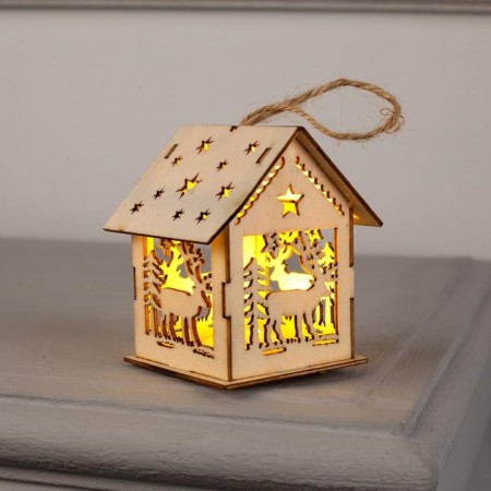 Christmas tree toy "House with a deer", from batteries, a glow of warm white-2