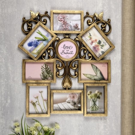 Photo frame plastic in 9 photos 10x10, 10x15 cm "Patterns" Dark Gold 54x49 cm