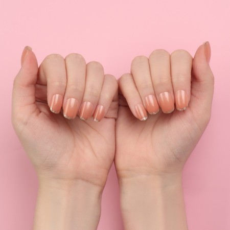 Nude overhead nails, 12 pcs, with adhesive plates, with sparkles, shape is a soft square, the color is light - beige-11