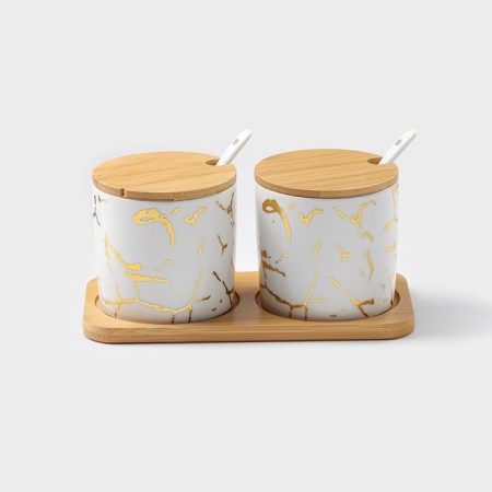 A set of ceramic cans with spoons on a wooden stand “Estet. Gold ", 2 items: 300 ml, white color