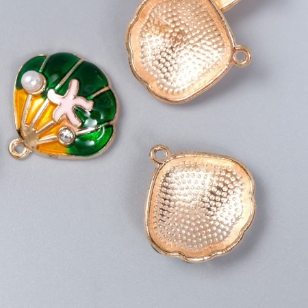 Decor for creativity metal, enamel, rhinestones "Sea shell with a bead" Green 2x2 cm-1