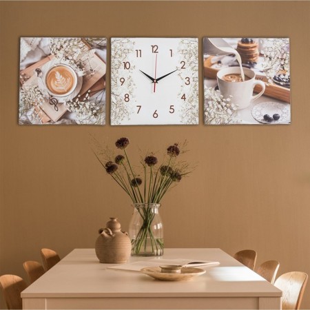 Carty clock is wall-mounted, modular "coffee", silent, 35 x 110 cm, triptych