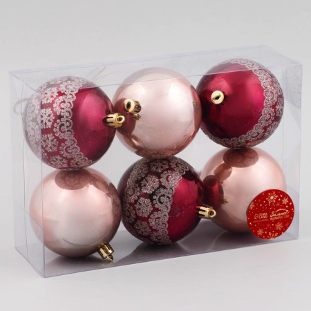 Set of balls plastic D-8 cm, 6 pcs "night" flowers pattern, burgundy gold-1