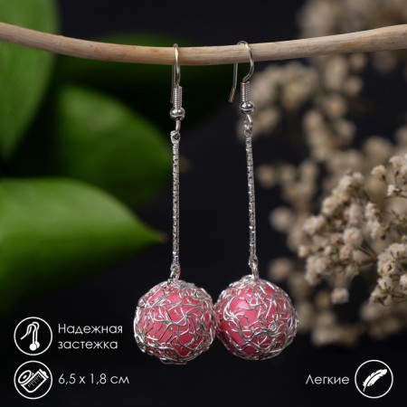 Earrings hanging “braids”, pink color in silver, 6.5 cm