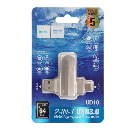 Флешка OTG Hoco UD10 Wise, 64 Гб, USB3.0, USB/Type-C, чт до 120 Мб/с, зап до 30 Мб/с, металл-5