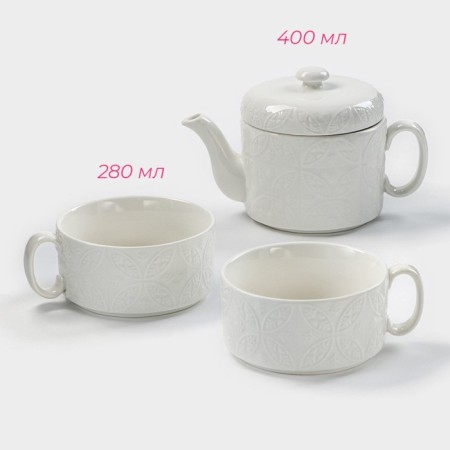 Set Porcelain Tea Dauline "Esthet. Ornament ”, 3 subjects: kettle 400 ml, 2 circles 280 ml, white color-1