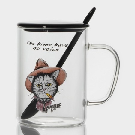 Glass mug with a ceramic lid and a spoon "Hipster", 450 ml, Mix drawing-9